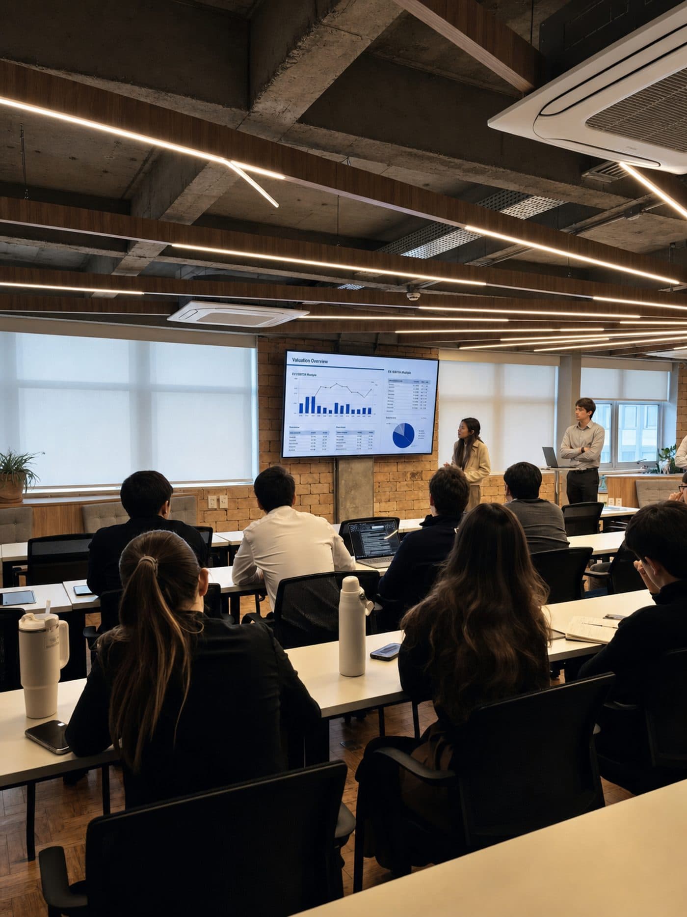 Alunos apresentando uma análise de valuation no Investment Banking Boot Camp da Bankers Academy